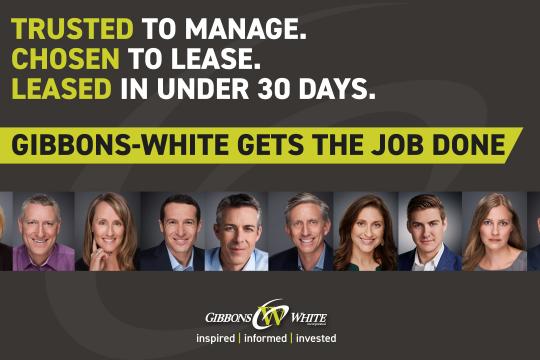 A graphic that says "Trusted to Manage. Chosen to Lease. Leased in Under 30 Days. Gibbons White Gets the Job Done."