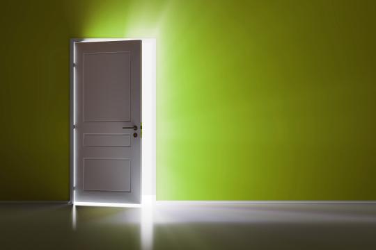 A white door opening and letting light fall against a green wall