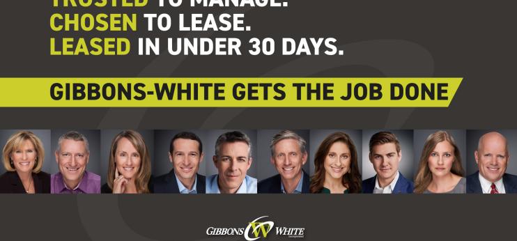 A graphic that says "Trusted to Manage. Chosen to Lease. Leased in Under 30 Days. Gibbons White Gets the Job Done."
